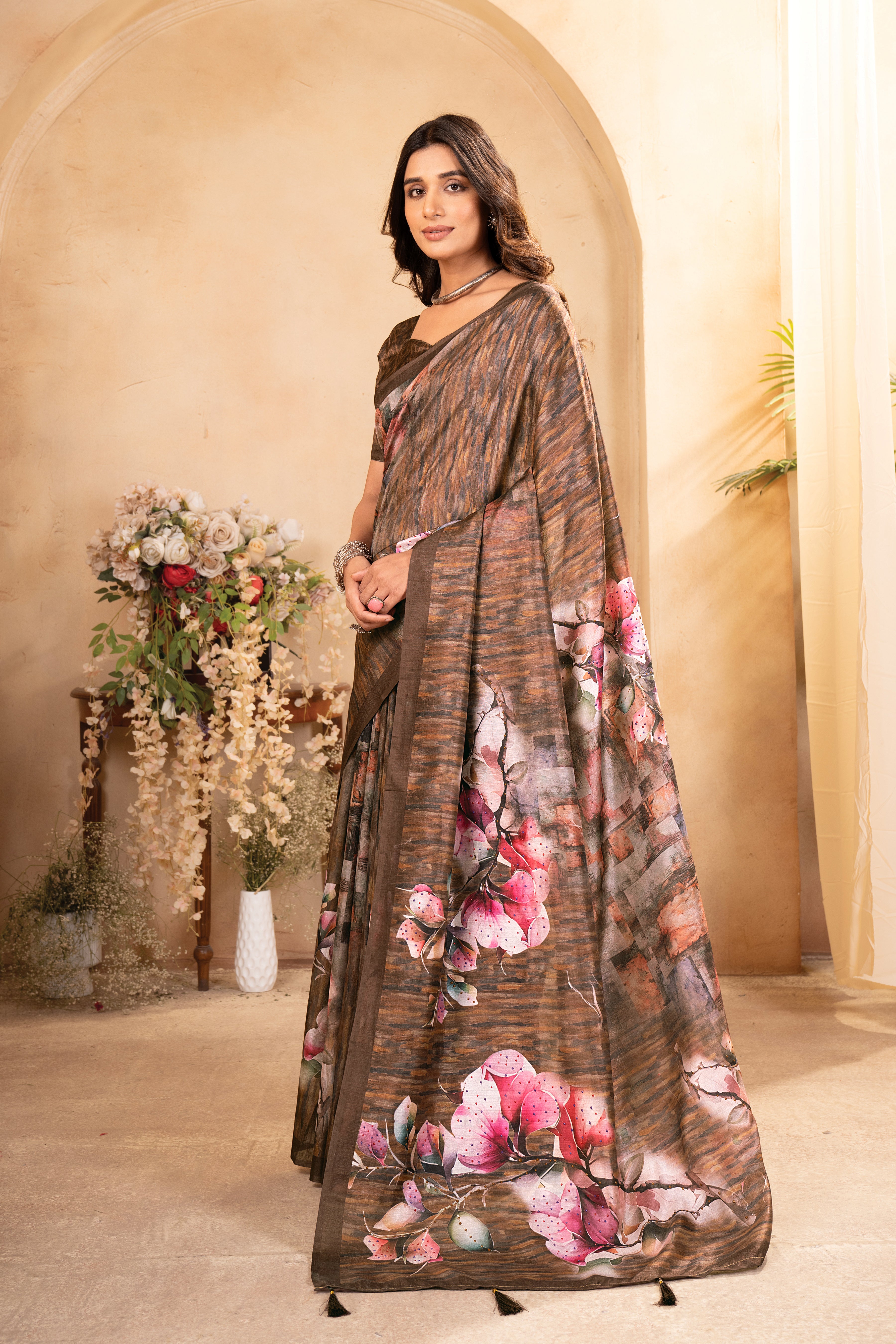 Brown Tussar Silk Floral Saree